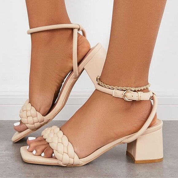 Nude Braided Open Toe Ankle Strap Low Block Chunky Heels Sandals Size 5.5 - Picture 4 of 8